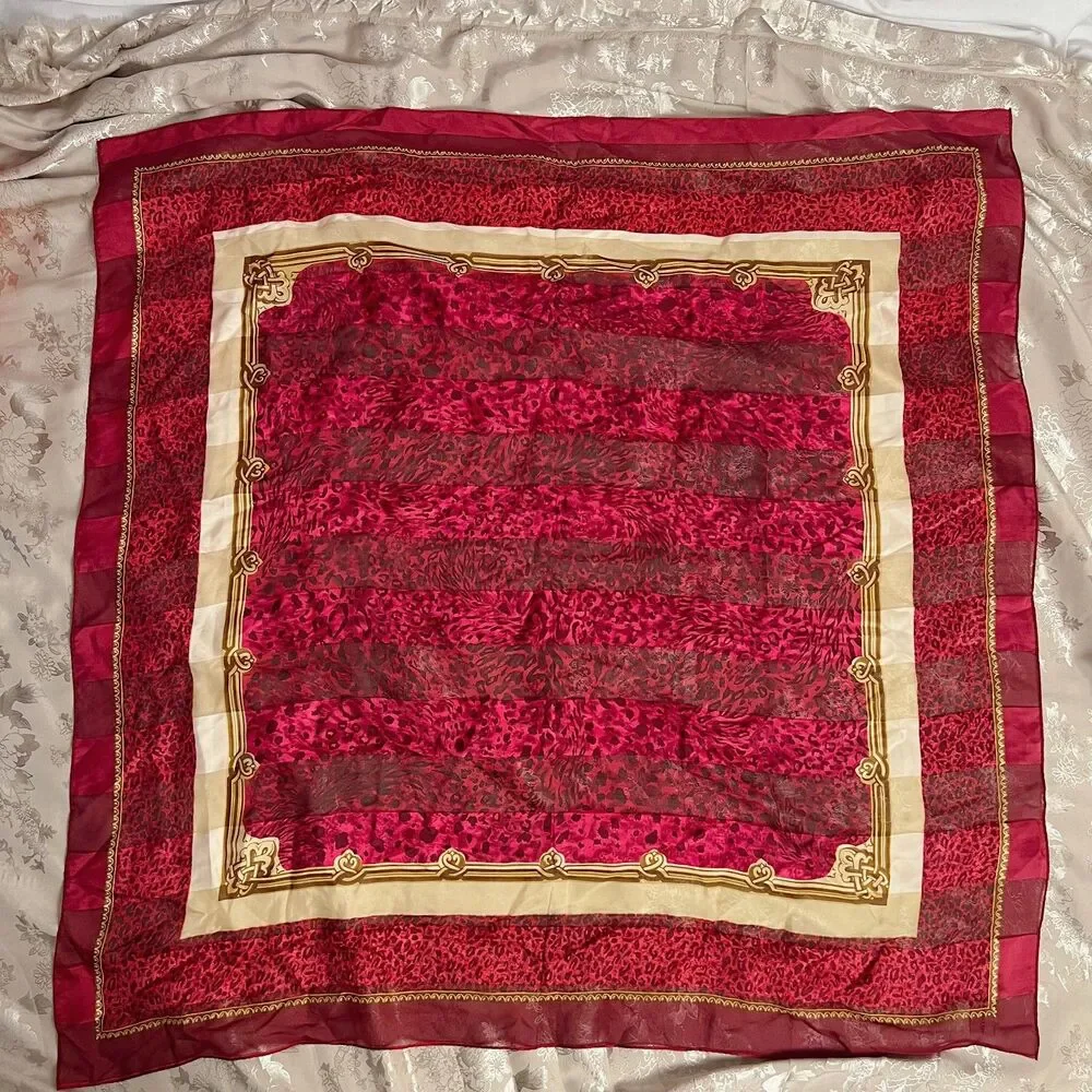 Vintage Silk Red Pink Striped Leopard Print Scarf 34